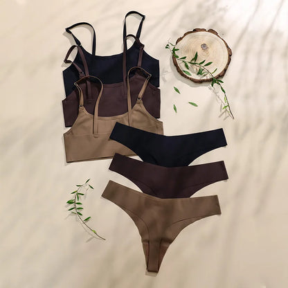 Stylish Solid Ice Silk Seamless Wireless Bras And Underwear Set